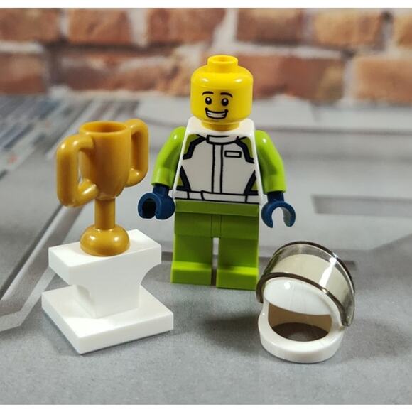 Lego Race Car Driver Minifigure & Trophy with Stand from City Set 60322 - Picture 3 of 4